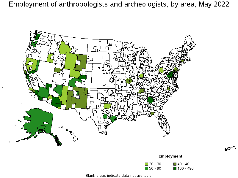 Map of employment of anthropologists and archeologists by area, May 2022