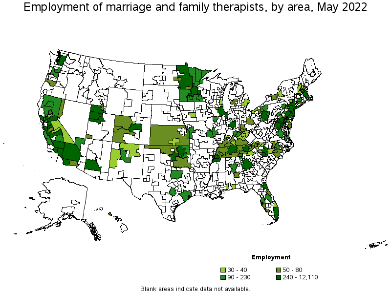 Map of employment of marriage and family therapists by area, May 2022