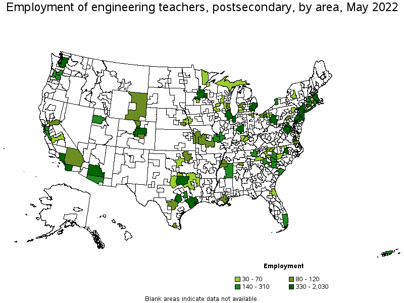 Map of employment of engineering teachers, postsecondary by area, May 2022