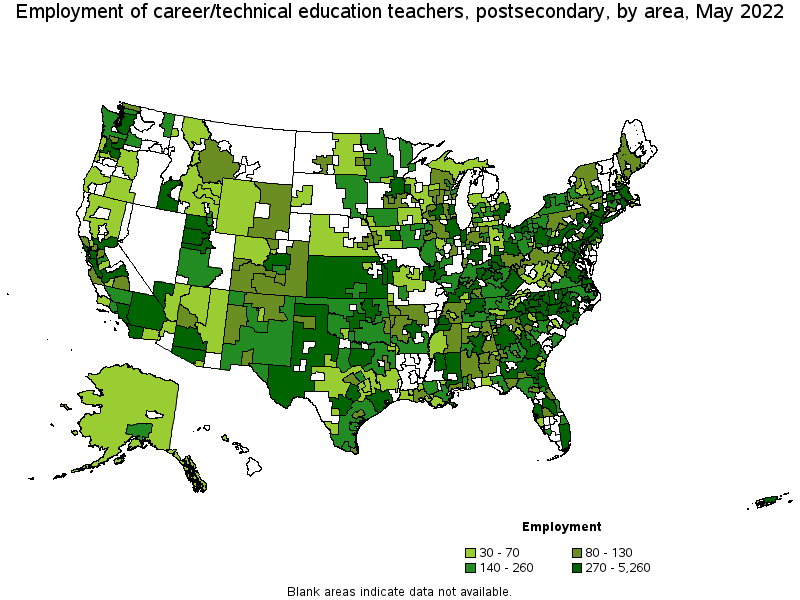 Map of employment of career/technical education teachers, postsecondary by area, May 2022