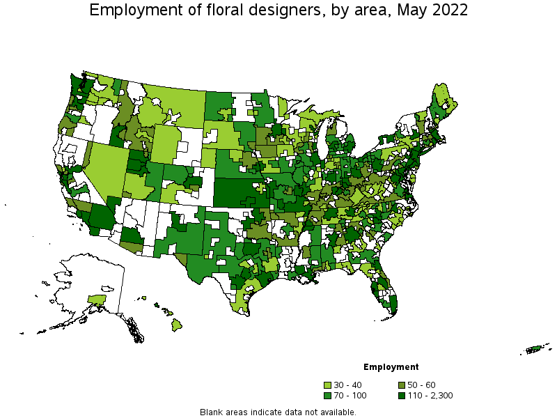 Map of employment of floral designers by area, May 2022
