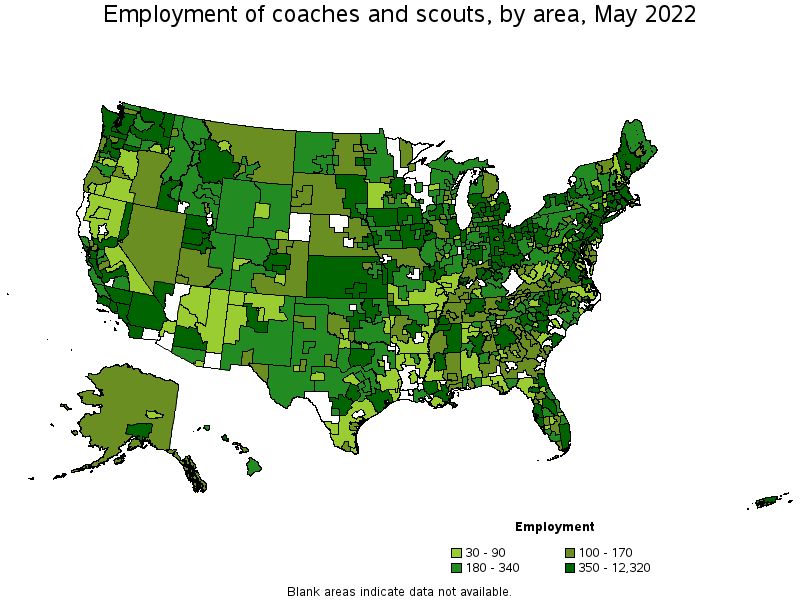 Map of employment of coaches and scouts by area, May 2022