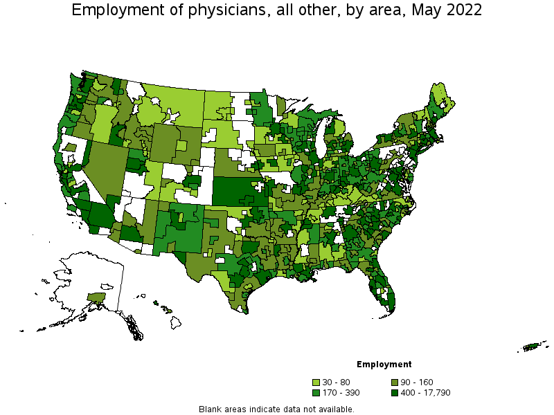 Map of employment of physicians, all other by area, May 2022