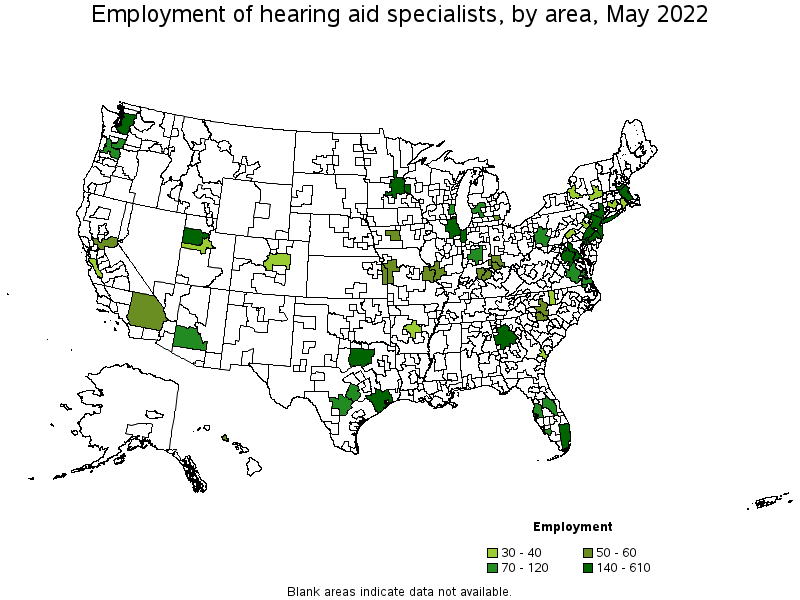 Map of employment of hearing aid specialists by area, May 2022