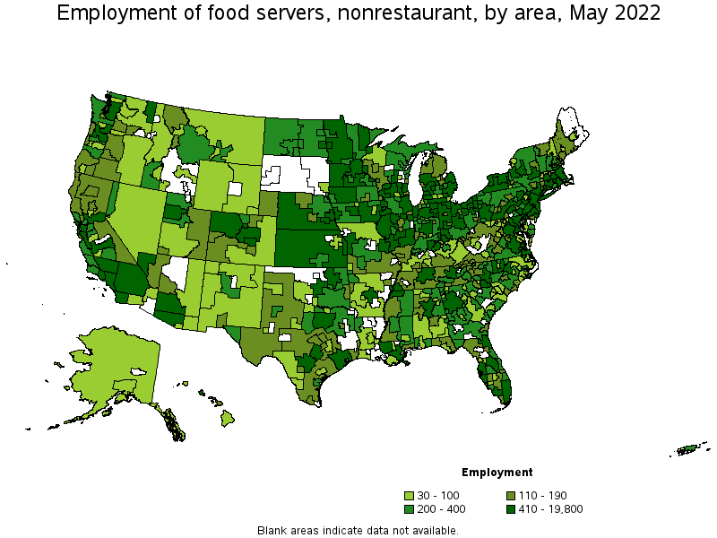 Map of employment of food servers, nonrestaurant by area, May 2022