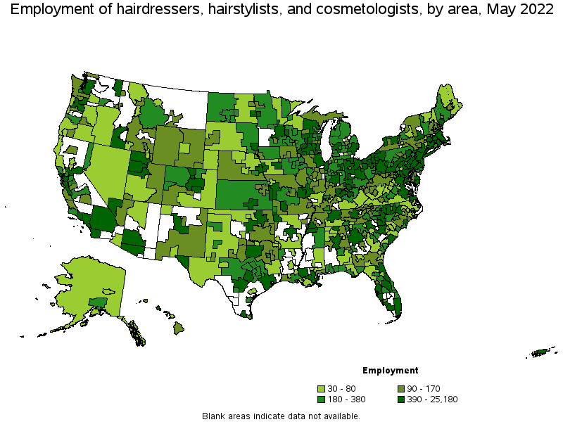 Map of employment of hairdressers, hairstylists, and cosmetologists by area, May 2022