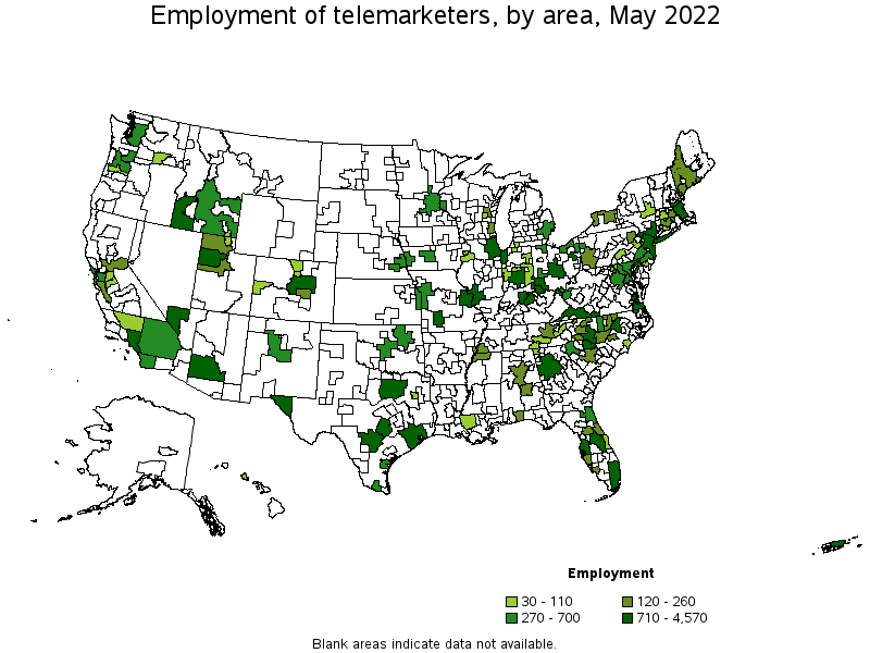 Map of employment of telemarketers by area, May 2022