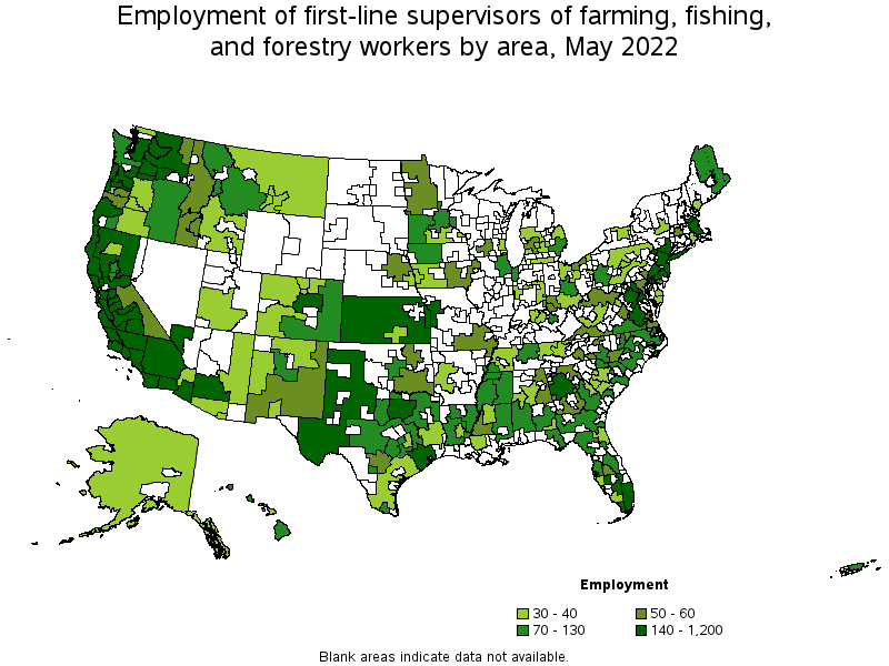 Map of employment of first-line supervisors of farming, fishing, and forestry workers by area, May 2022