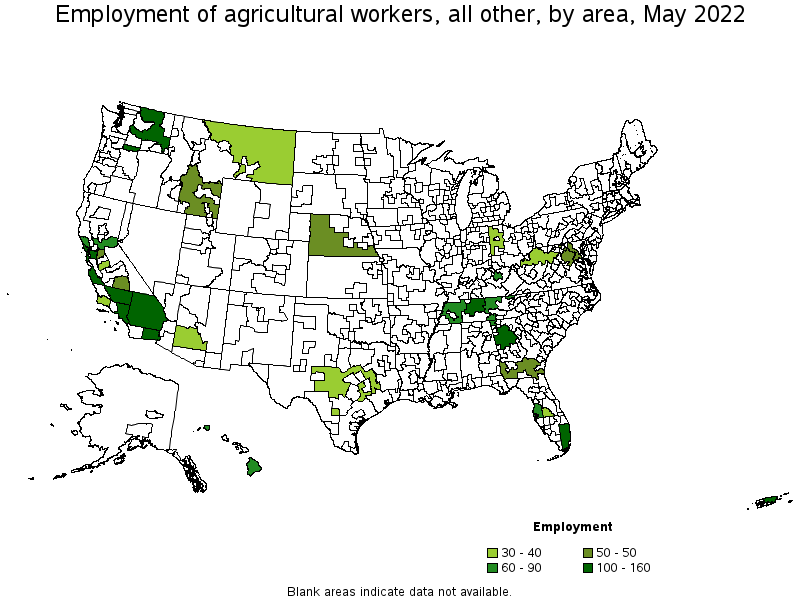 Map of employment of agricultural workers, all other by area, May 2022