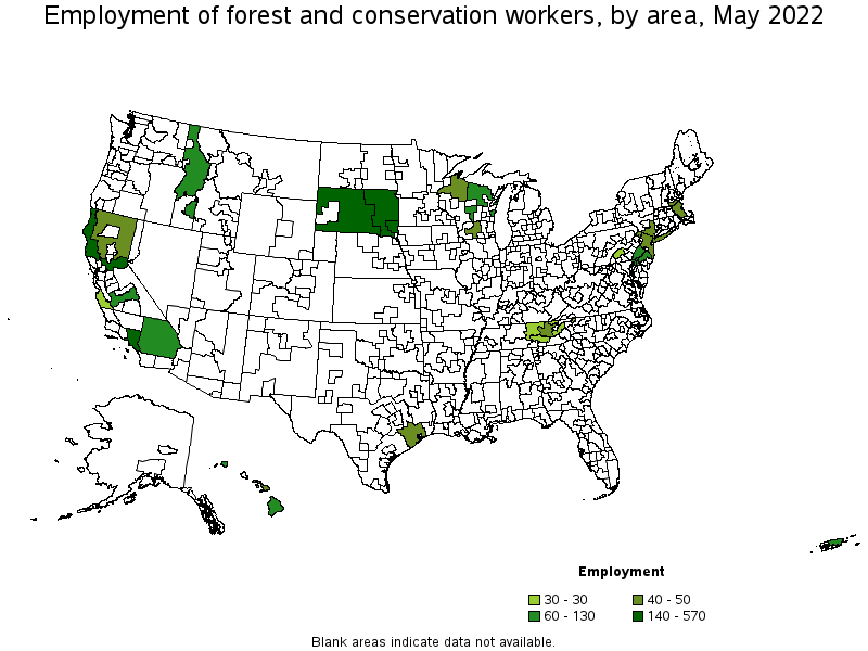 Map of employment of forest and conservation workers by area, May 2022