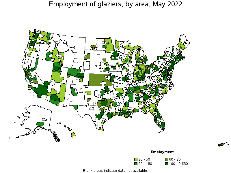 Map of employment of glaziers by area, May 2022