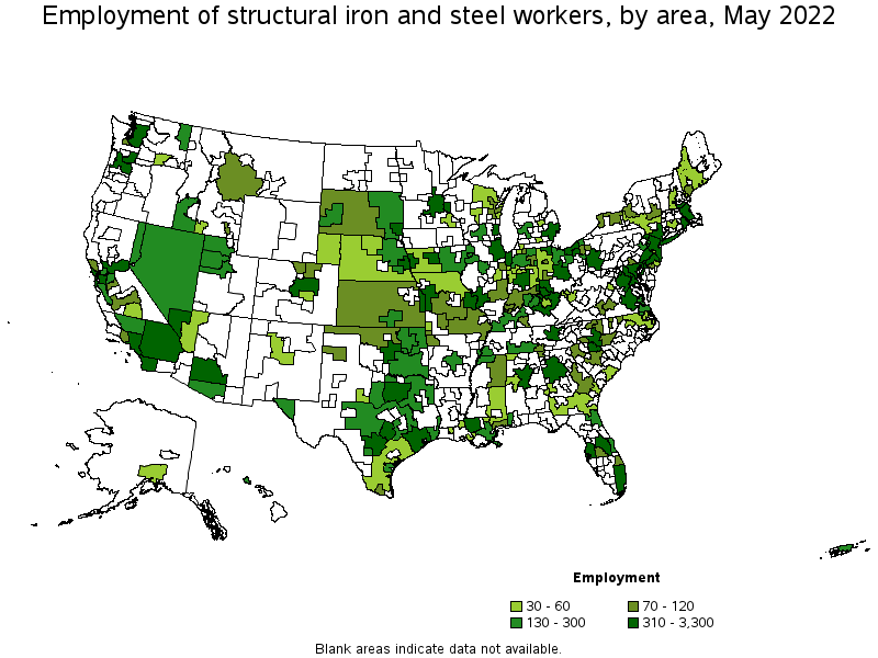 Map of employment of structural iron and steel workers by area, May 2022