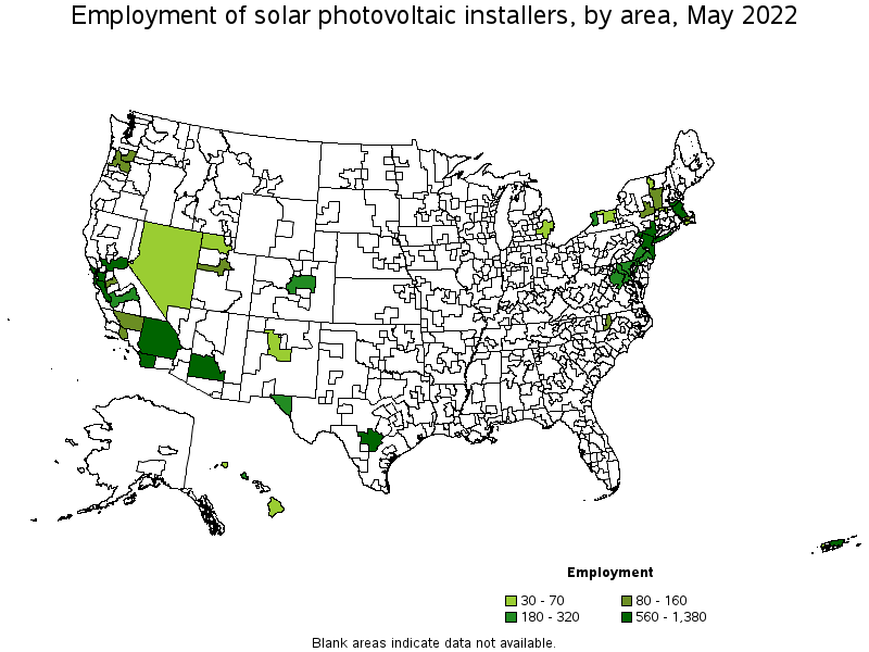 Map of employment of solar photovoltaic installers by area, May 2022