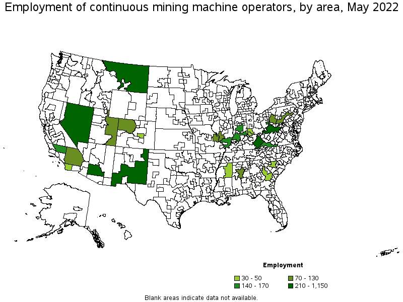 Map of employment of continuous mining machine operators by area, May 2022