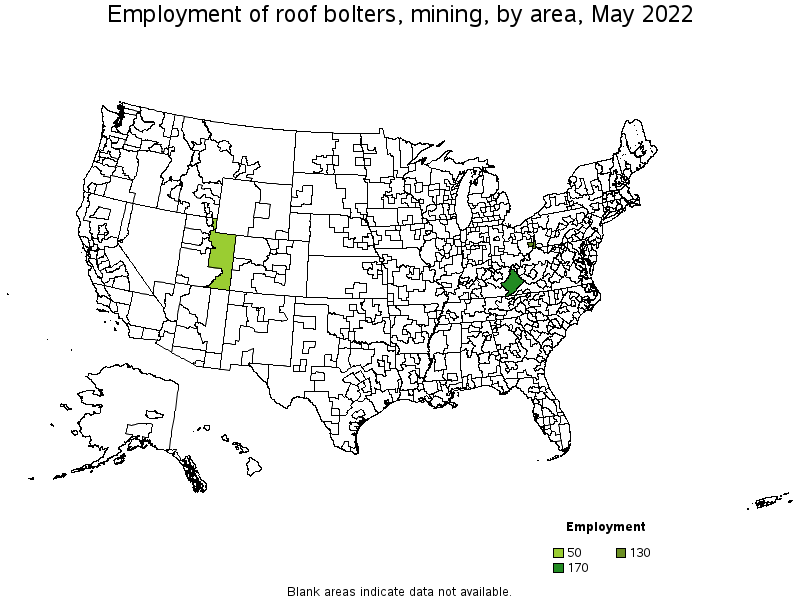 Map of employment of roof bolters, mining by area, May 2022