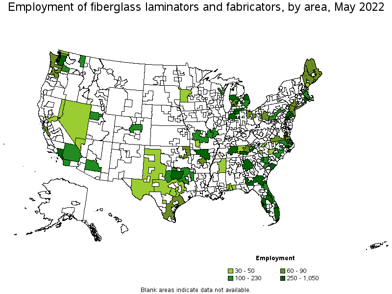 Map of employment of fiberglass laminators and fabricators by area, May 2022