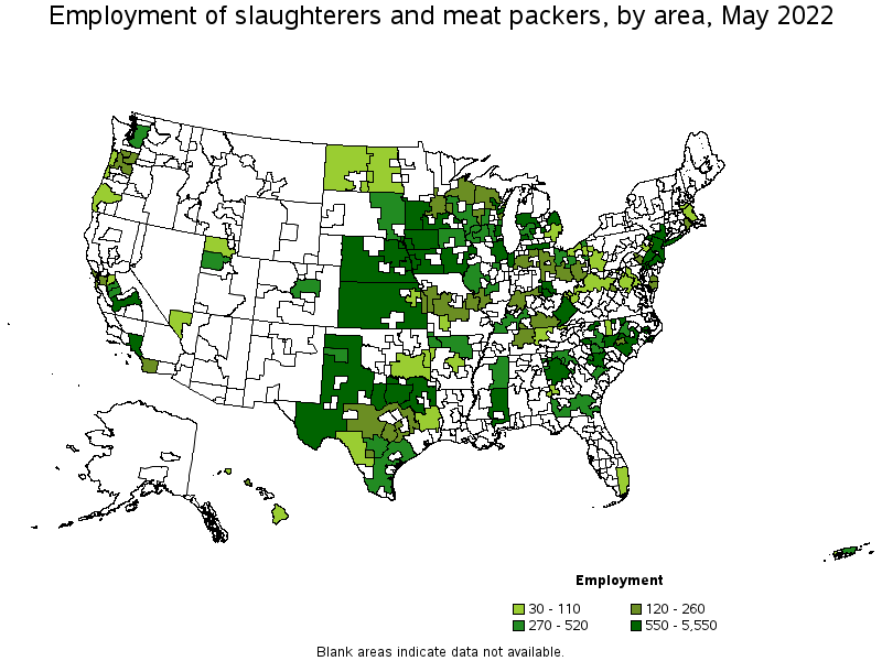 Map of employment of slaughterers and meat packers by area, May 2022