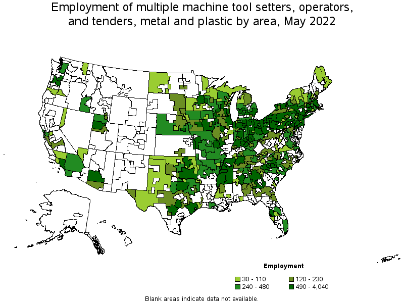 Map of employment of multiple machine tool setters, operators, and tenders, metal and plastic by area, May 2022
