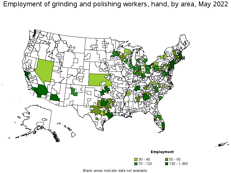 Map of employment of grinding and polishing workers, hand by area, May 2022