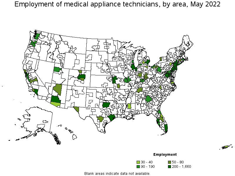 Map of employment of medical appliance technicians by area, May 2022