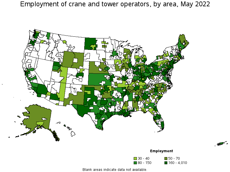 Map of employment of crane and tower operators by area, May 2022