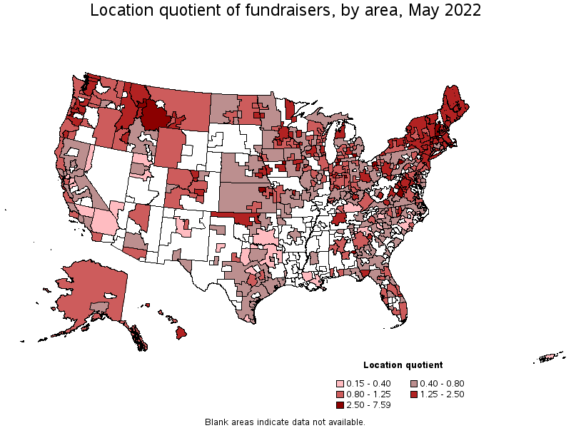 Map of location quotient of fundraisers by area, May 2022