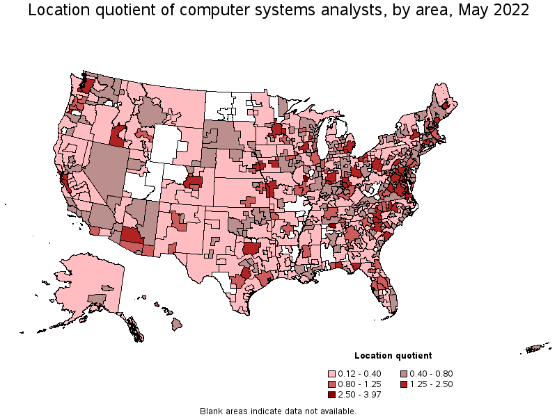 Map of location quotient of computer systems analysts by area, May 2022