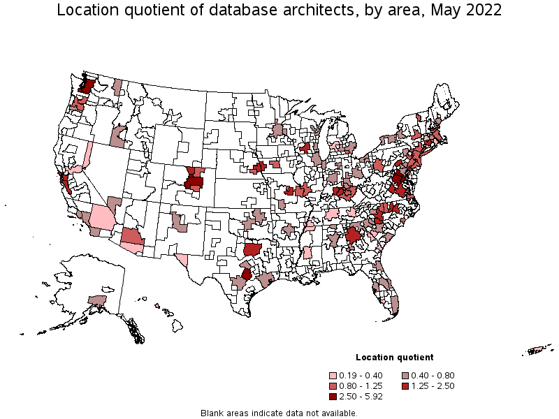 Map of location quotient of database architects by area, May 2022