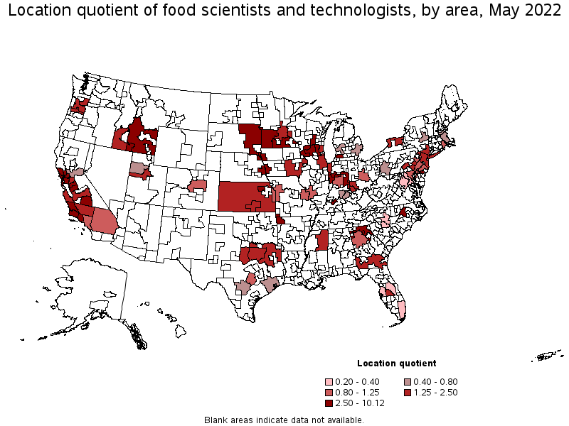 Map of location quotient of food scientists and technologists by area, May 2022