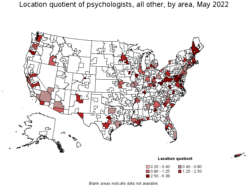 Map of location quotient of psychologists, all other by area, May 2022