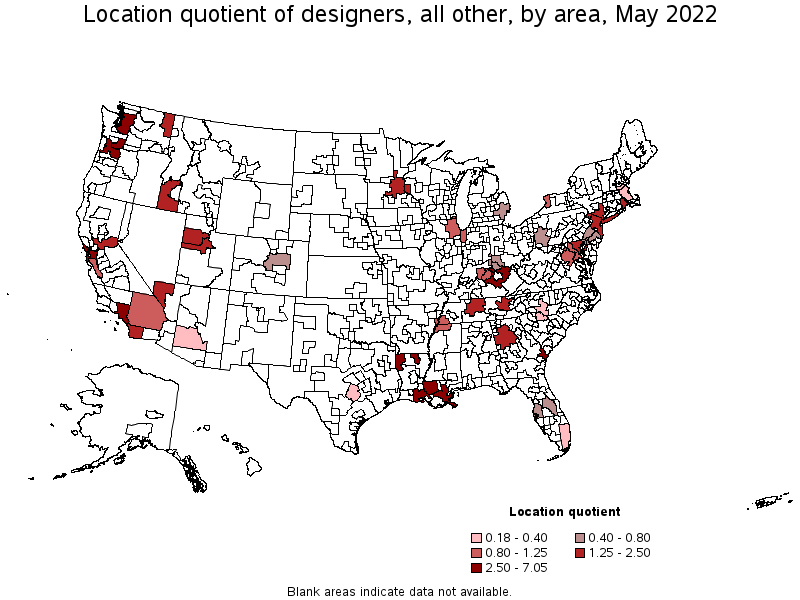 Map of location quotient of designers, all other by area, May 2022