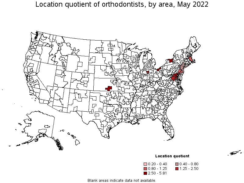 Map of location quotient of orthodontists by area, May 2022