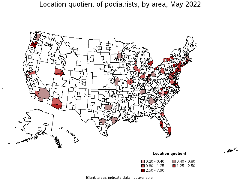 Map of location quotient of podiatrists by area, May 2022
