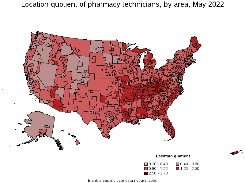 Map of location quotient of pharmacy technicians by area, May 2022