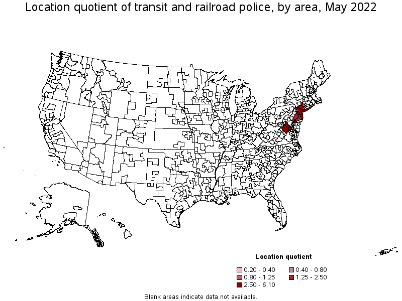 Map of location quotient of transit and railroad police by area, May 2022