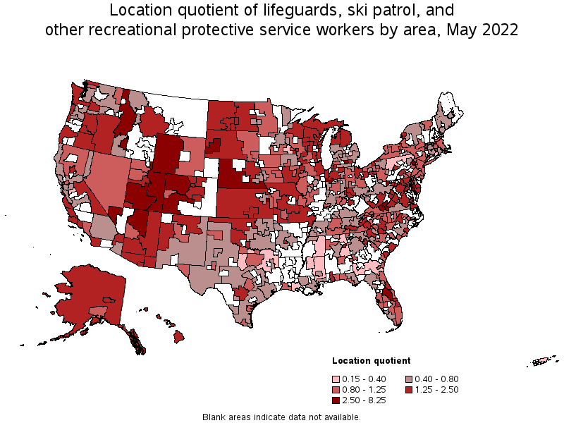 Map of location quotient of lifeguards, ski patrol, and other recreational protective service workers by area, May 2022