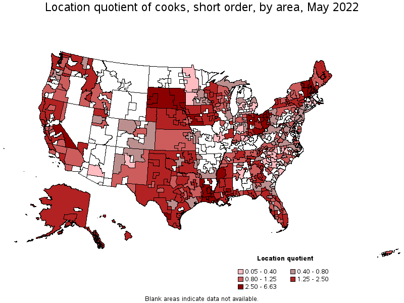Map of location quotient of cooks, short order by area, May 2022