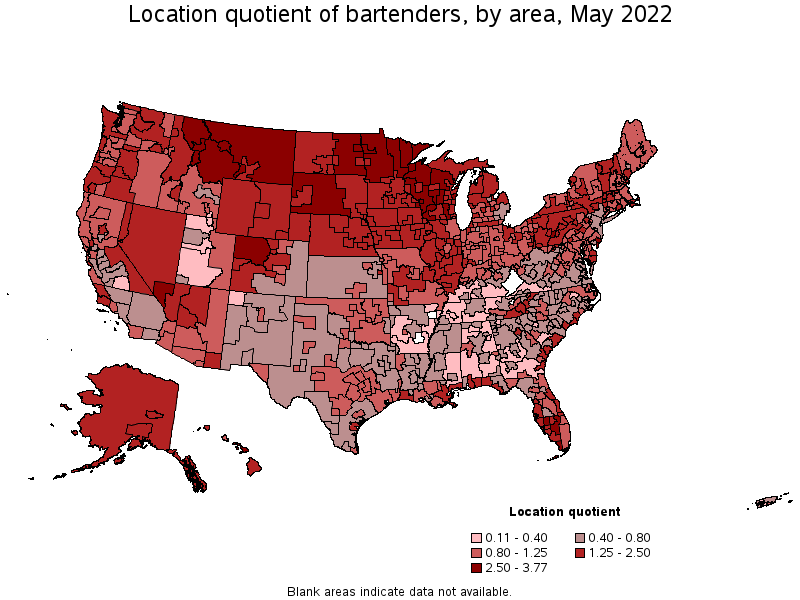 Map of location quotient of bartenders by area, May 2022