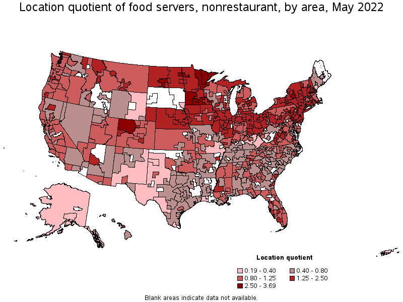 Map of location quotient of food servers, nonrestaurant by area, May 2022