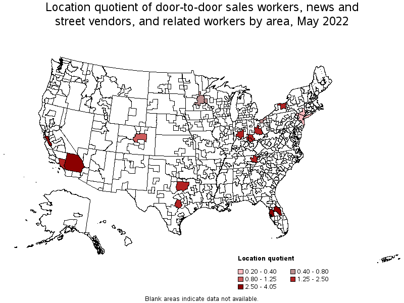 Map of location quotient of door-to-door sales workers, news and street vendors, and related workers by area, May 2022