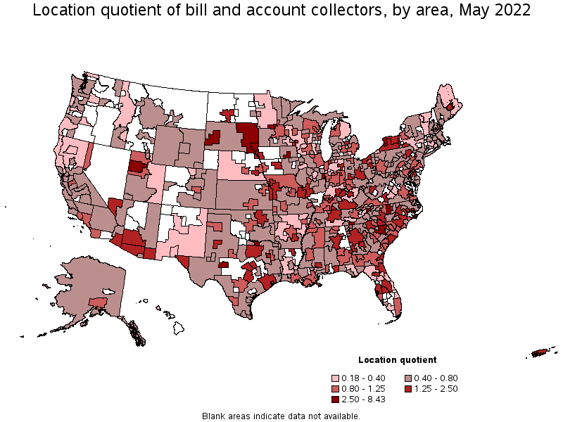 Map of location quotient of bill and account collectors by area, May 2022