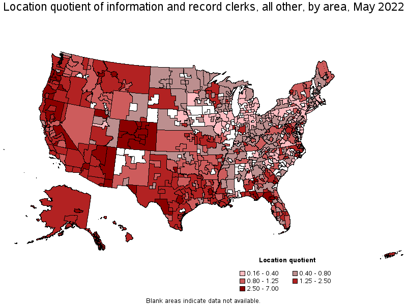 Map of location quotient of information and record clerks, all other by area, May 2022