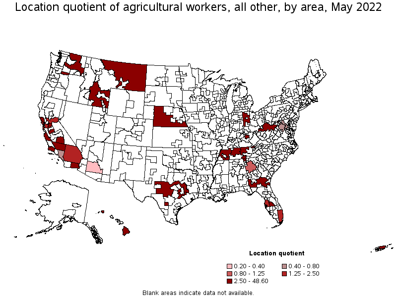 Map of location quotient of agricultural workers, all other by area, May 2022