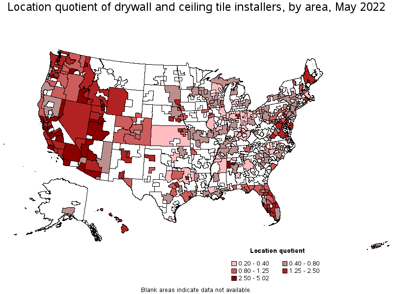 Map of location quotient of drywall and ceiling tile installers by area, May 2022
