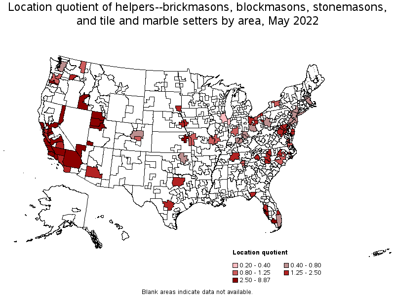 Map of location quotient of helpers--brickmasons, blockmasons, stonemasons, and tile and marble setters by area, May 2022