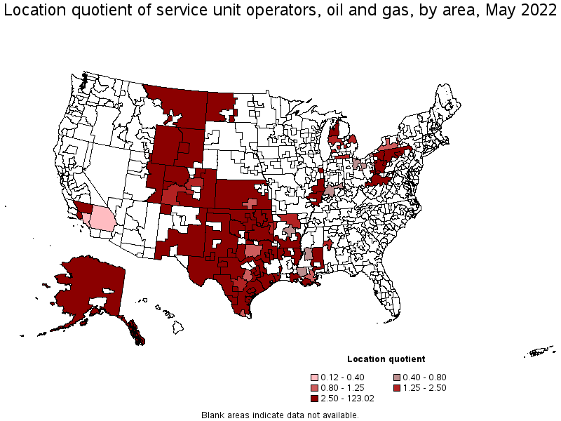 Map of location quotient of service unit operators, oil and gas by area, May 2022