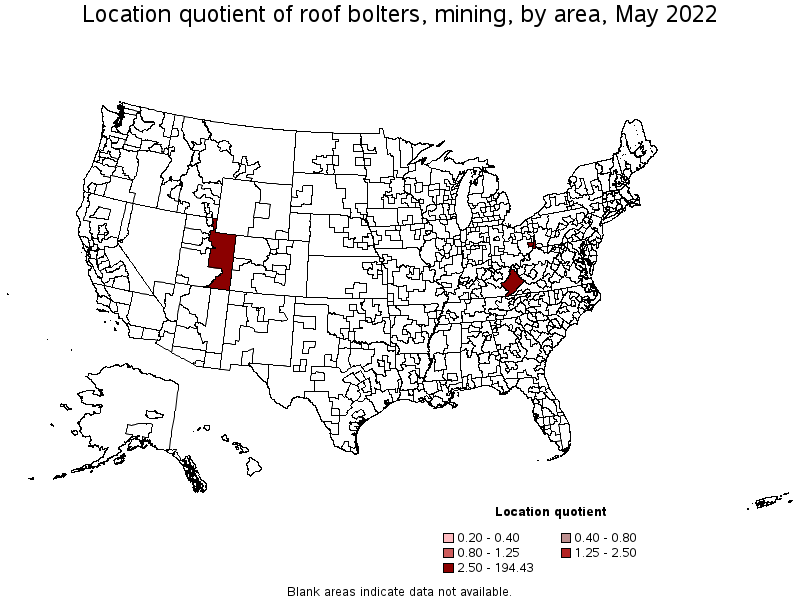 Map of location quotient of roof bolters, mining by area, May 2022