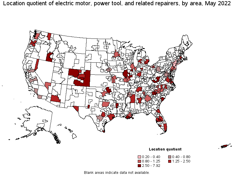 Map of location quotient of electric motor, power tool, and related repairers by area, May 2022