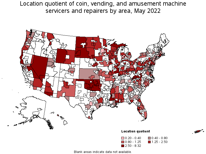 Map of location quotient of coin, vending, and amusement machine servicers and repairers by area, May 2022