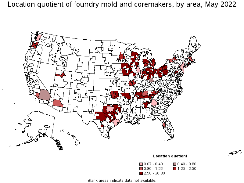 Map of location quotient of foundry mold and coremakers by area, May 2022